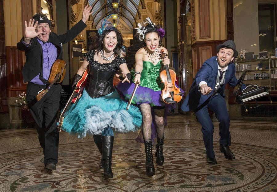 Band leaping through the Block Arcade